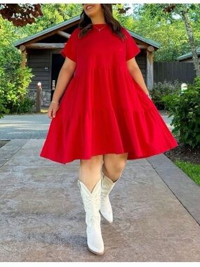 Girls' Bright Red Casual Tiered Dress with Short Sleeves